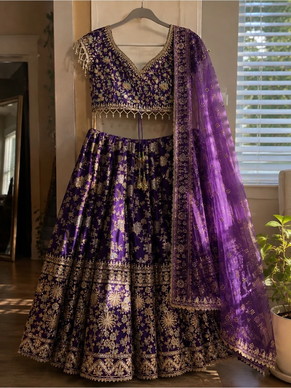 Unbranded Purple and Gold Embroidered Lehenga Choli Set